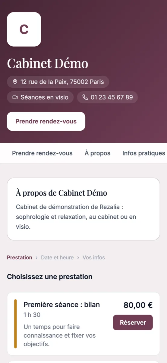 La même page de réservation sur un téléphone