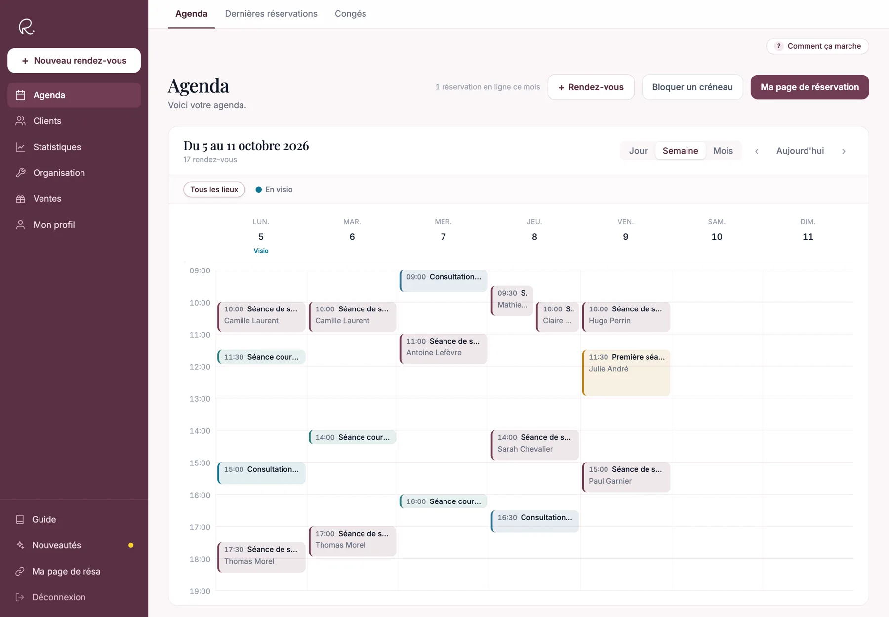 Agenda en vue semaine avec des rendez-vous colorés selon la prestation