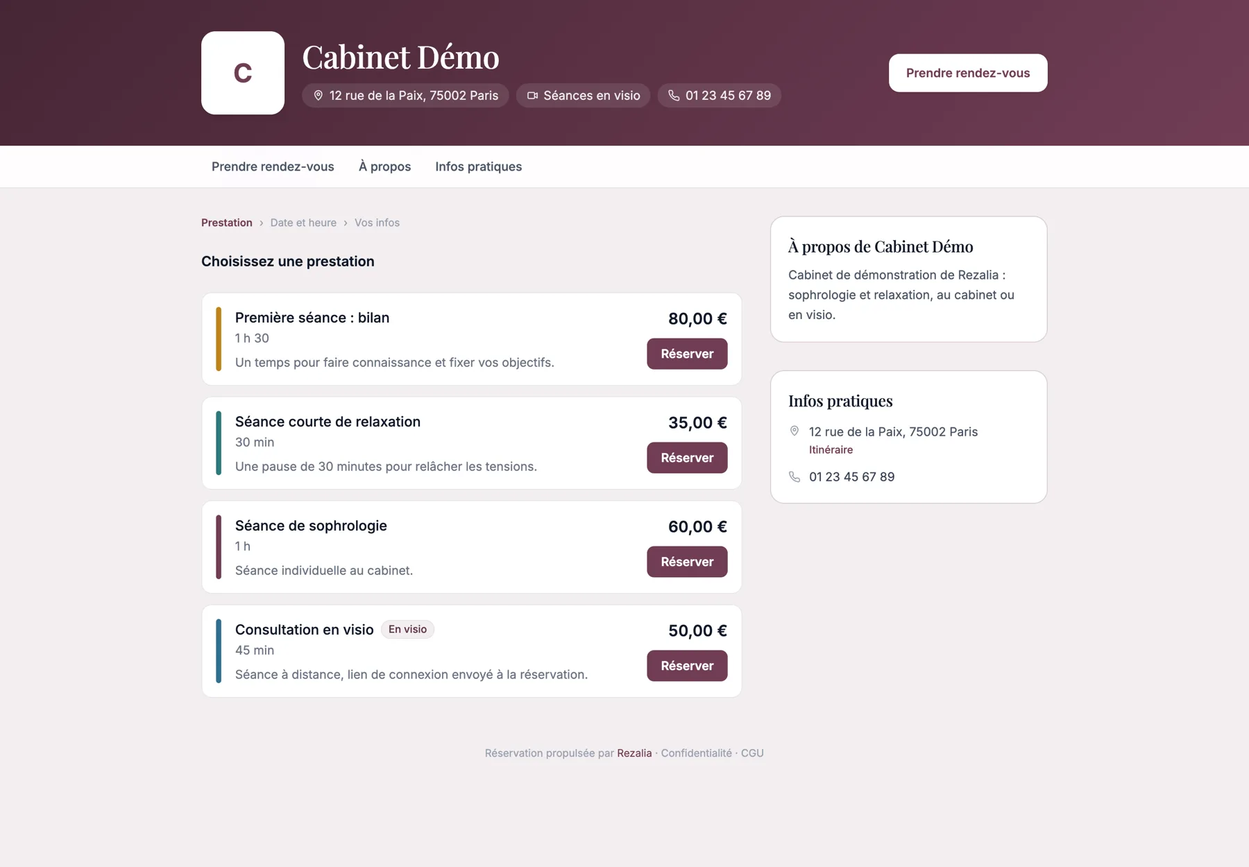 Page de réservation d’un cabinet : liste des prestations avec durée, prix et bouton Réserver
