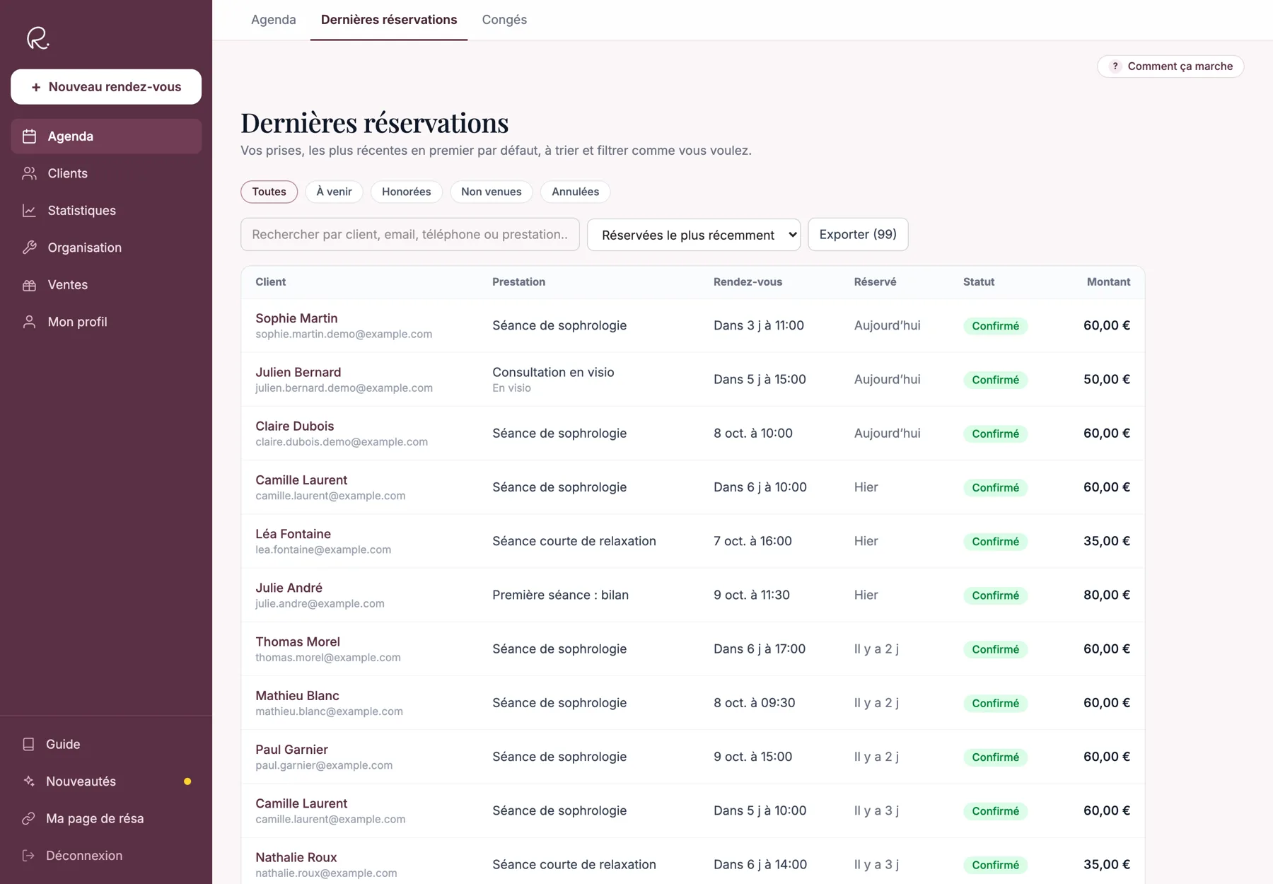 Liste des dernières réservations avec client, prestation, date, statut et montant